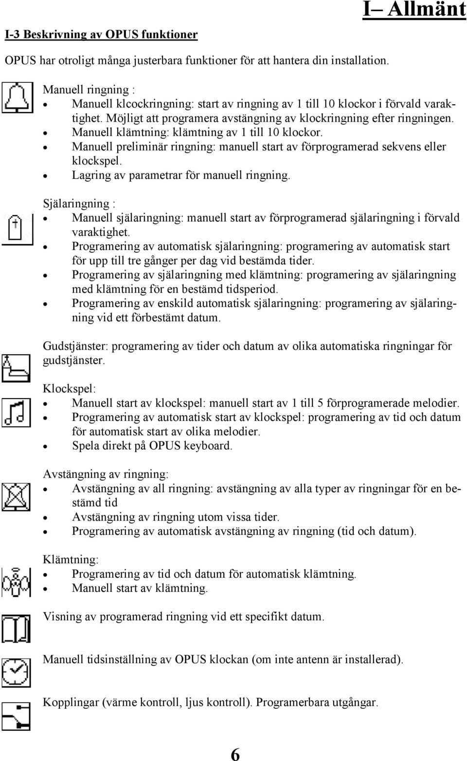 Manuell klämtning: klämtning av 1 till 10 klockor. Manuell preliminär ringning: manuell start av förprogramerad sekvens eller klockspel. Lagring av parametrar för manuell ringning.