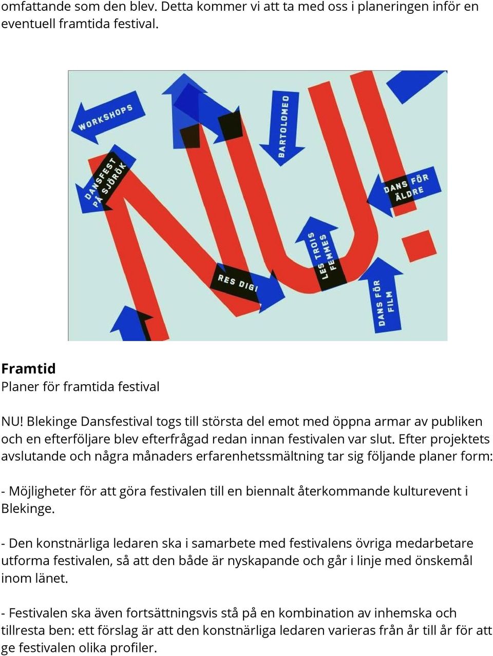 Efter projektets avslutande och några månaders erfarenhetssmältning tar sig följande planer form: - Möjligheter för att göra festivalen till en biennalt återkommande kulturevent i Blekinge.