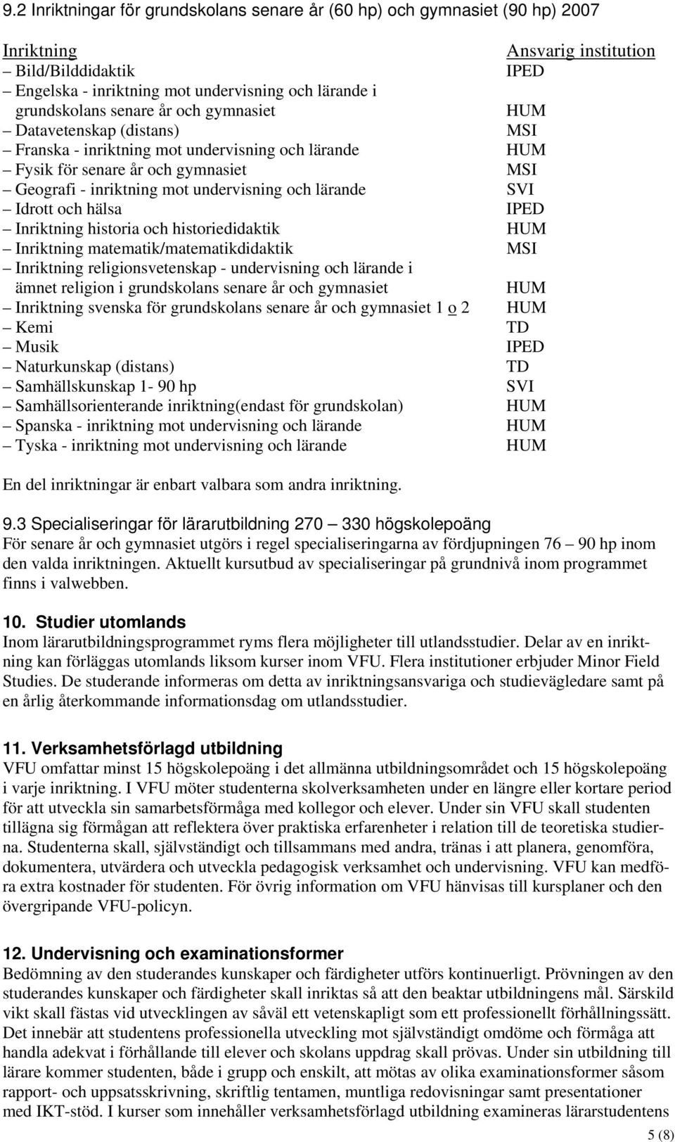 SVI Idrott och hälsa IPED Inriktning historia och historiedidaktik HUM Inriktning matematik/matematikdidaktik MSI Inriktning religionsvetenskap - undervisning och lärande i ämnet religion i