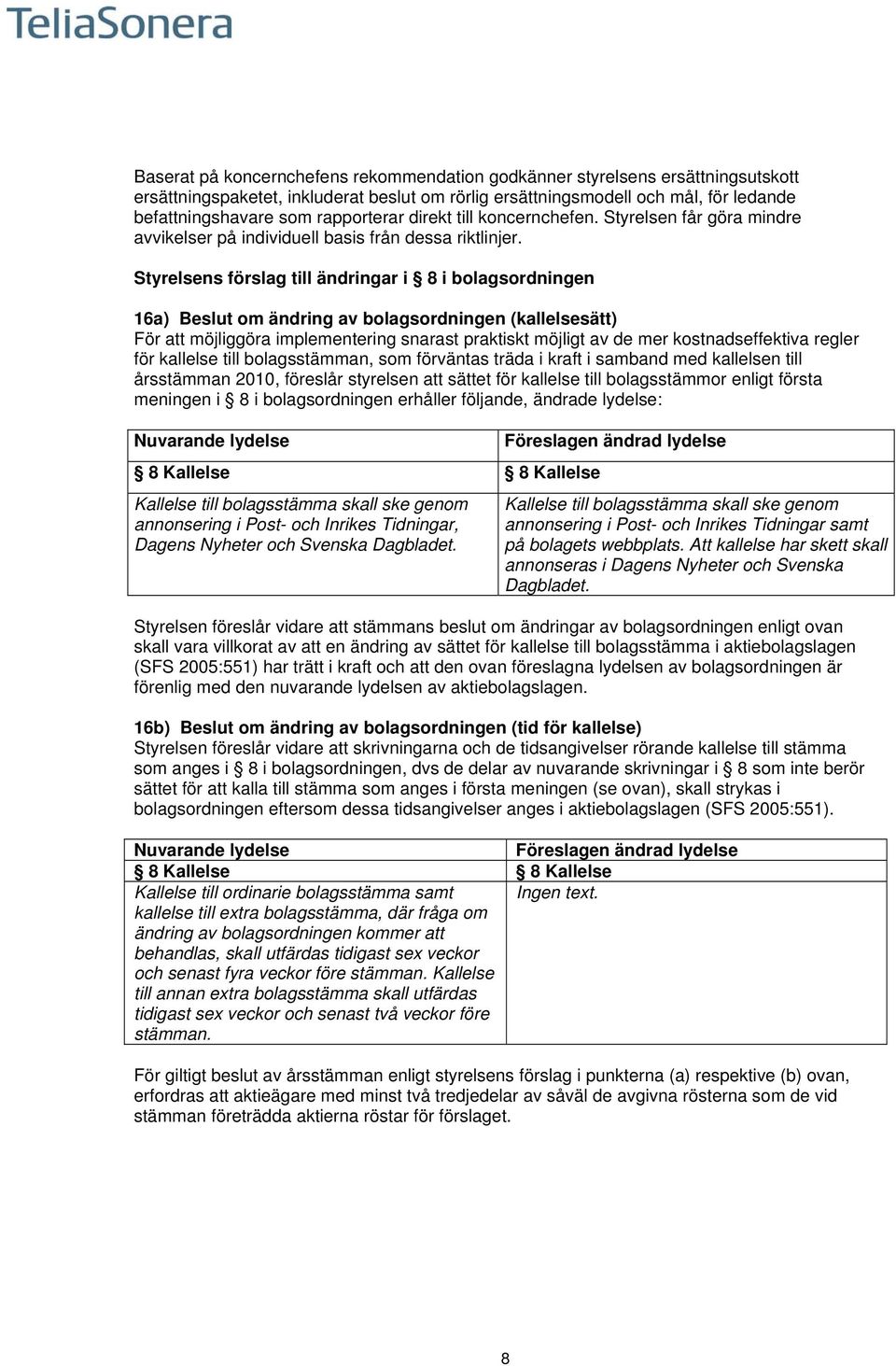 Styrelsens förslag till ändringar i 8 i bolagsordningen 16a) Beslut om ändring av bolagsordningen (kallelsesätt) För att möjliggöra implementering snarast praktiskt möjligt av de mer