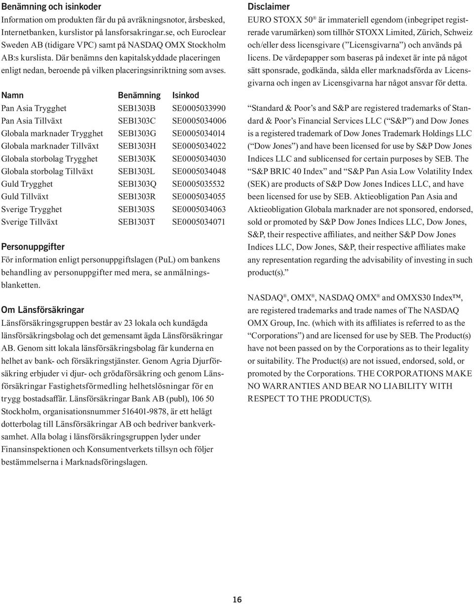 Namn Benämning Isinkod Pan Asia Trygghet SEB1303B SE0005033990 Pan Asia Tillväxt SEB1303C SE0005034006 Globala marknader Trygghet SEB1303G SE0005034014 Globala marknader Tillväxt SEB1303H