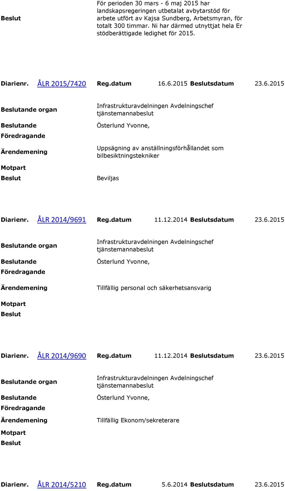 6.2015 sdatum 23.6.2015 organ Uppsägning av anställningsförhållandet som bilbesiktningstekniker Beviljas Diarienr. ÅLR 2014/9691 Reg.datum 11.12.