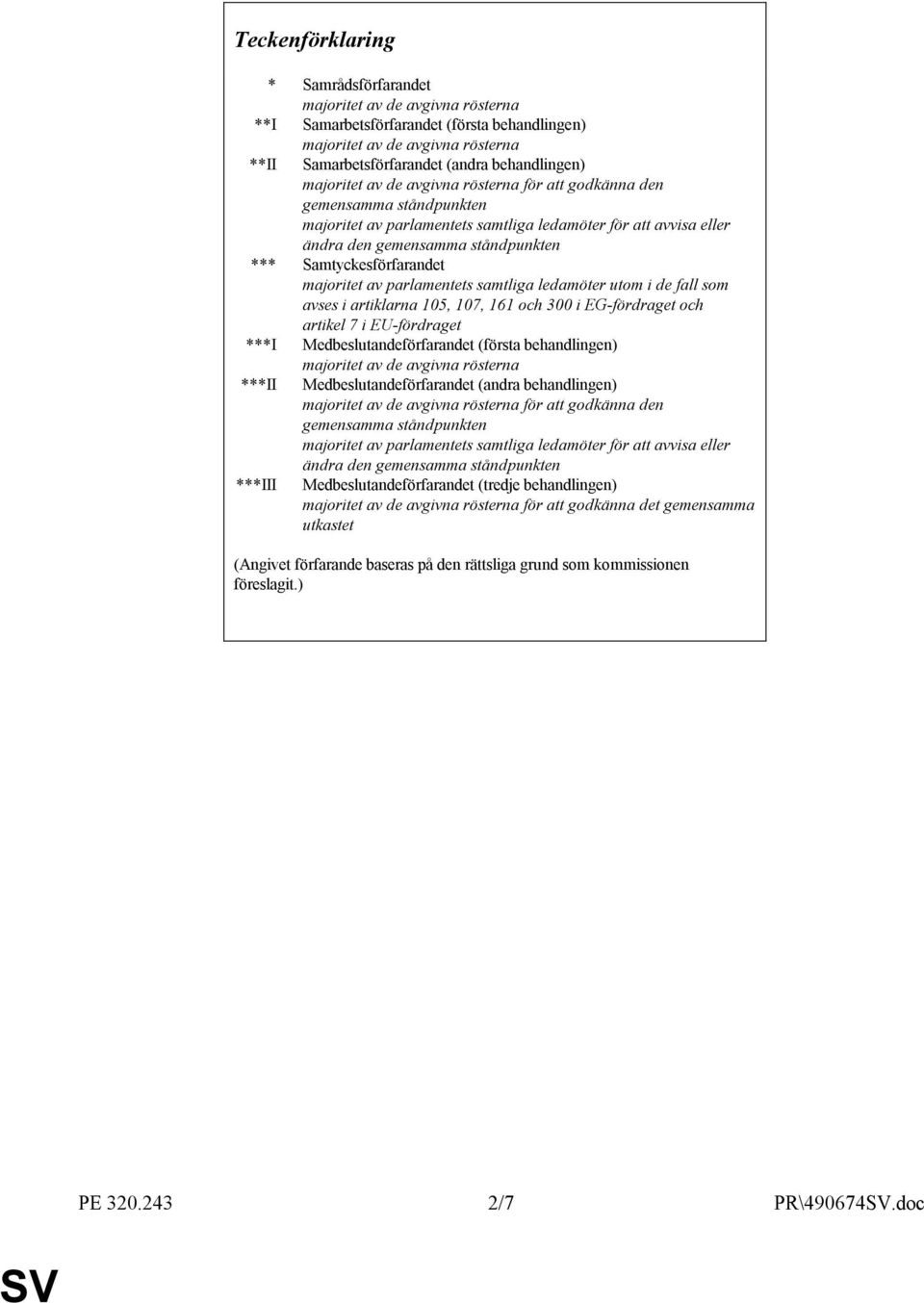 Samtyckesförfarandet majoritet av parlamentets samtliga ledamöter utom i de fall som avses i artiklarna 105, 107, 161 och 300 i EG-fördraget och artikel 7 i EU-fördraget ***I Medbeslutandeförfarandet