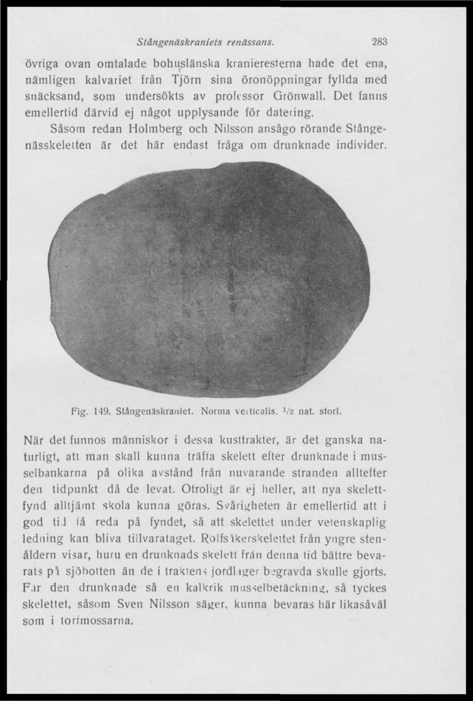 Det fanns emellertid därvid ej något upplysande för datering. Såsom redan Holmberg och Nilsson ansågo rörande Stångenässkeleiten är det här endast fråga om drunknade individer. Fig. 149.