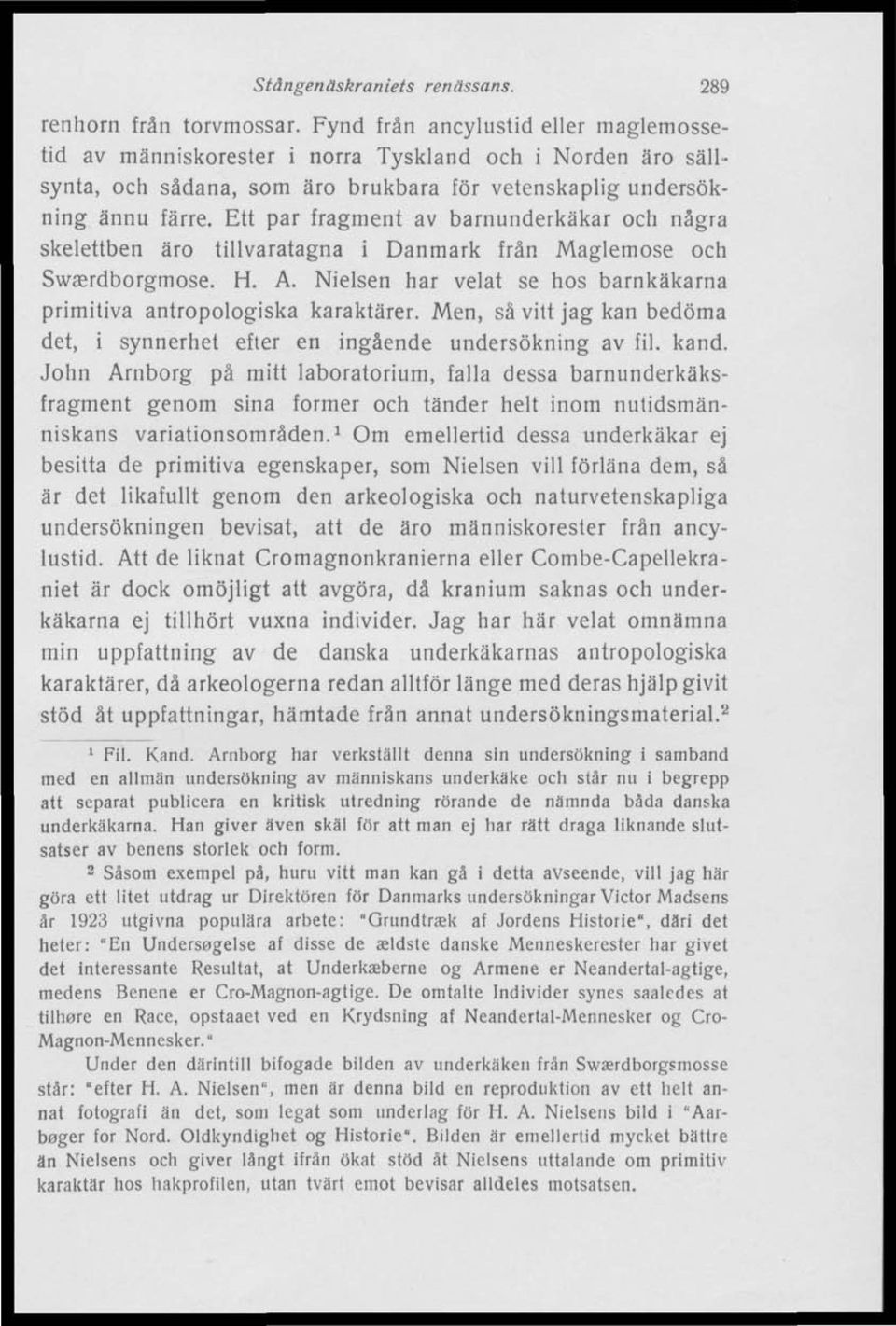 Ett par fragment av barnunderkäkar och några skelettben äro tillvaratagna i Danmark från Maglemose och Swaerdborgmose. H. A. Nielsen har velat se hos barnkäkarna primitiva antropologiska karaktärer.