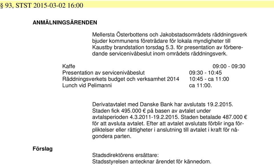 Derivatavtalet med Danske Bank har avslutats 19.2.2015. Staden fick 495.000 på basen av avtalet under avtalsperioden 4.3.2011-19.2.2015. Staden betalade 487.000 för att avsluta avtalet.