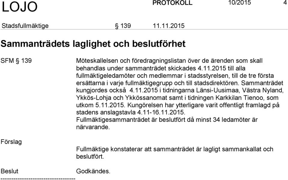 Sammanträdet kungjordes också 4.11.2015 i tidningarna Länsi-Uusimaa, Västra Nyland, Ykkös-Lohja och Ykkössanomat samt i tidningen Karkkilan Tienoo, som utkom 5.11.2015. Kungörelsen har ytterligare varit offentligt framlagd på stadens anslagstavla 4.