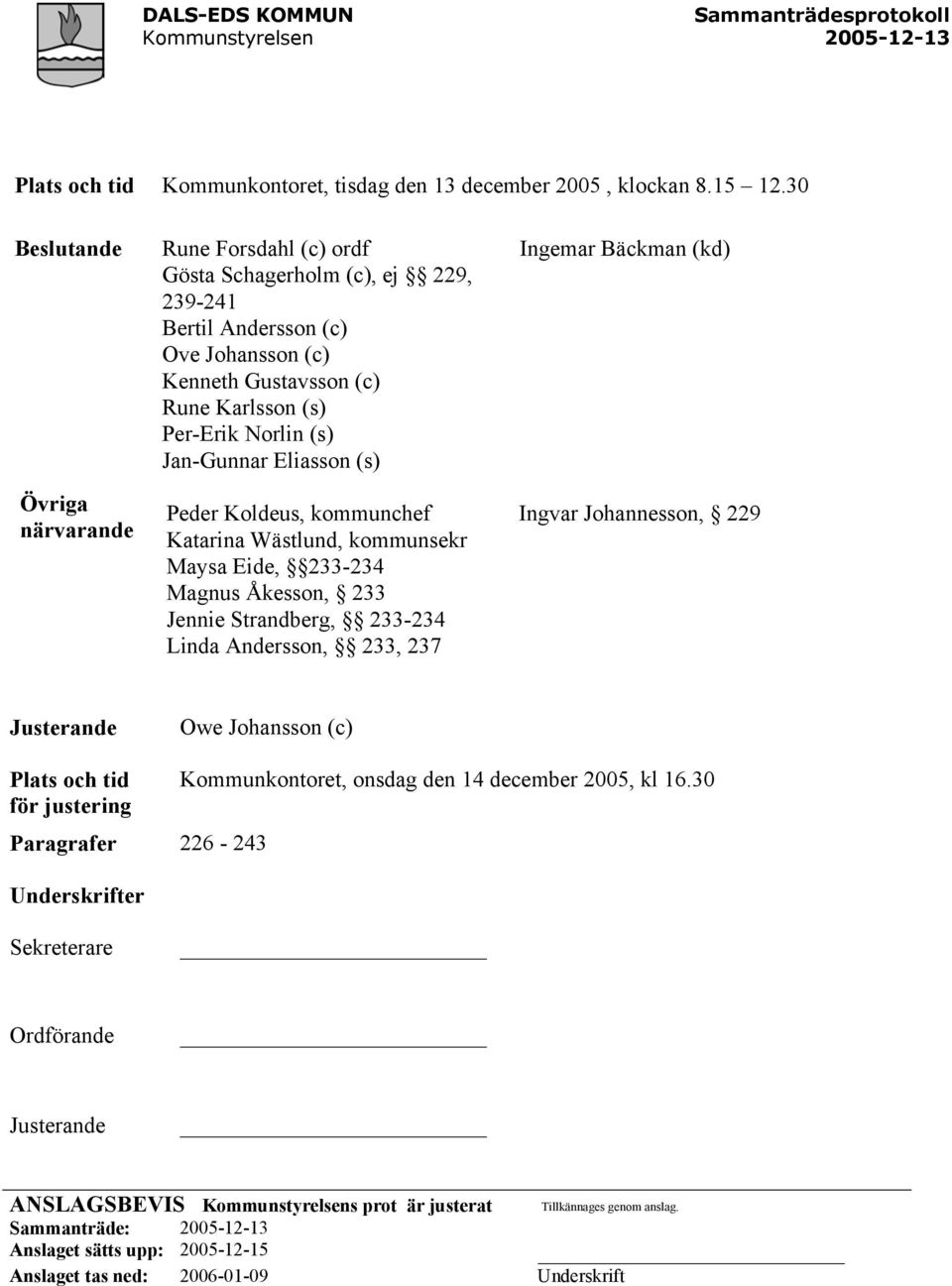 Jan-Gunnar Eliasson (s) Peder Koldeus, kommunchef Katarina Wästlund, kommunsekr Maysa Eide, 233-234 Magnus Åkesson, 233 Jennie Strandberg, 233-234 Linda Andersson, 233, 237 Ingemar Bäckman (kd)