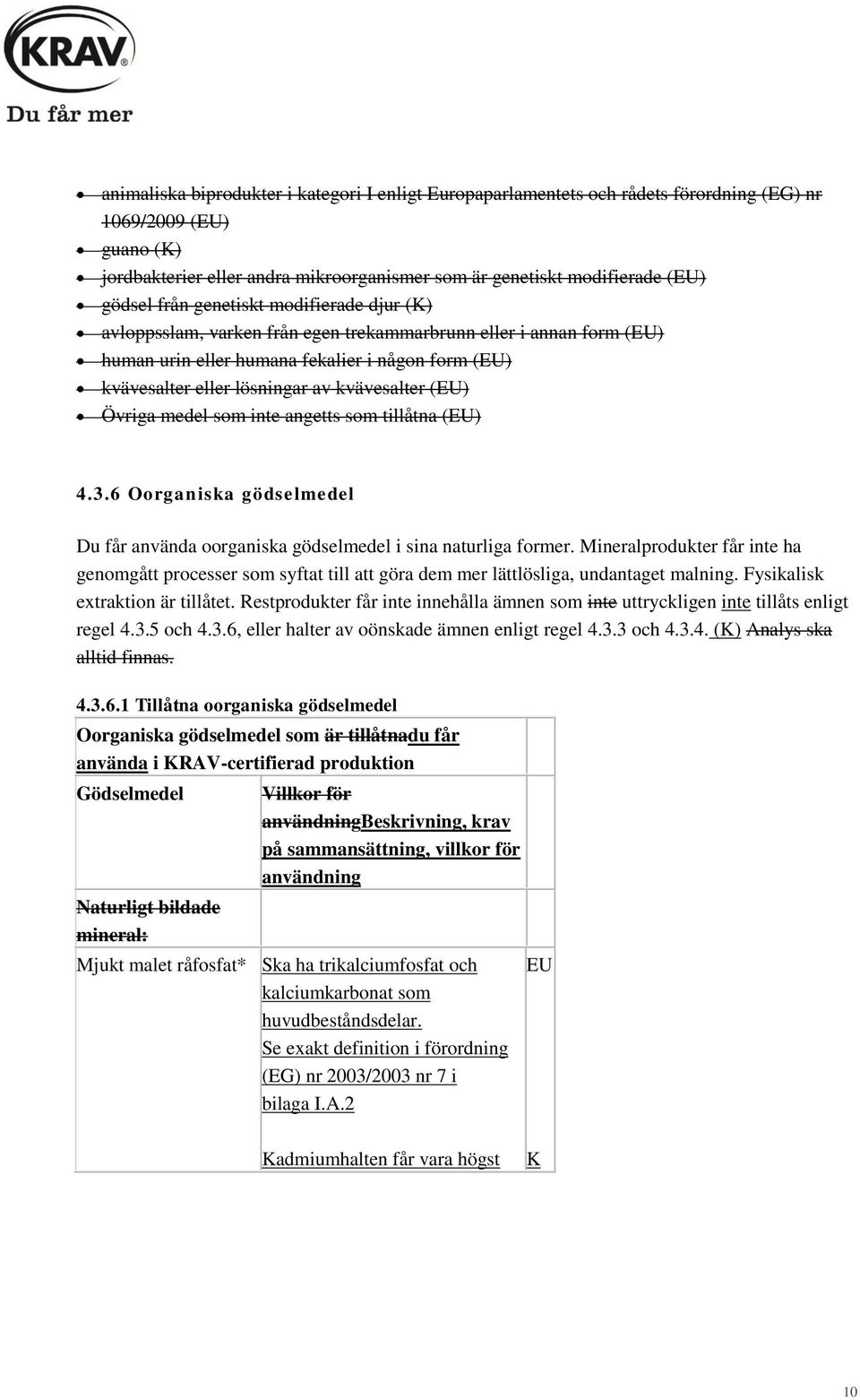 Övriga medel som inte angetts som tillåtna () 4.3.6 Oorganiska gödselmedel Du får använda oorganiska gödselmedel i sina naturliga former.