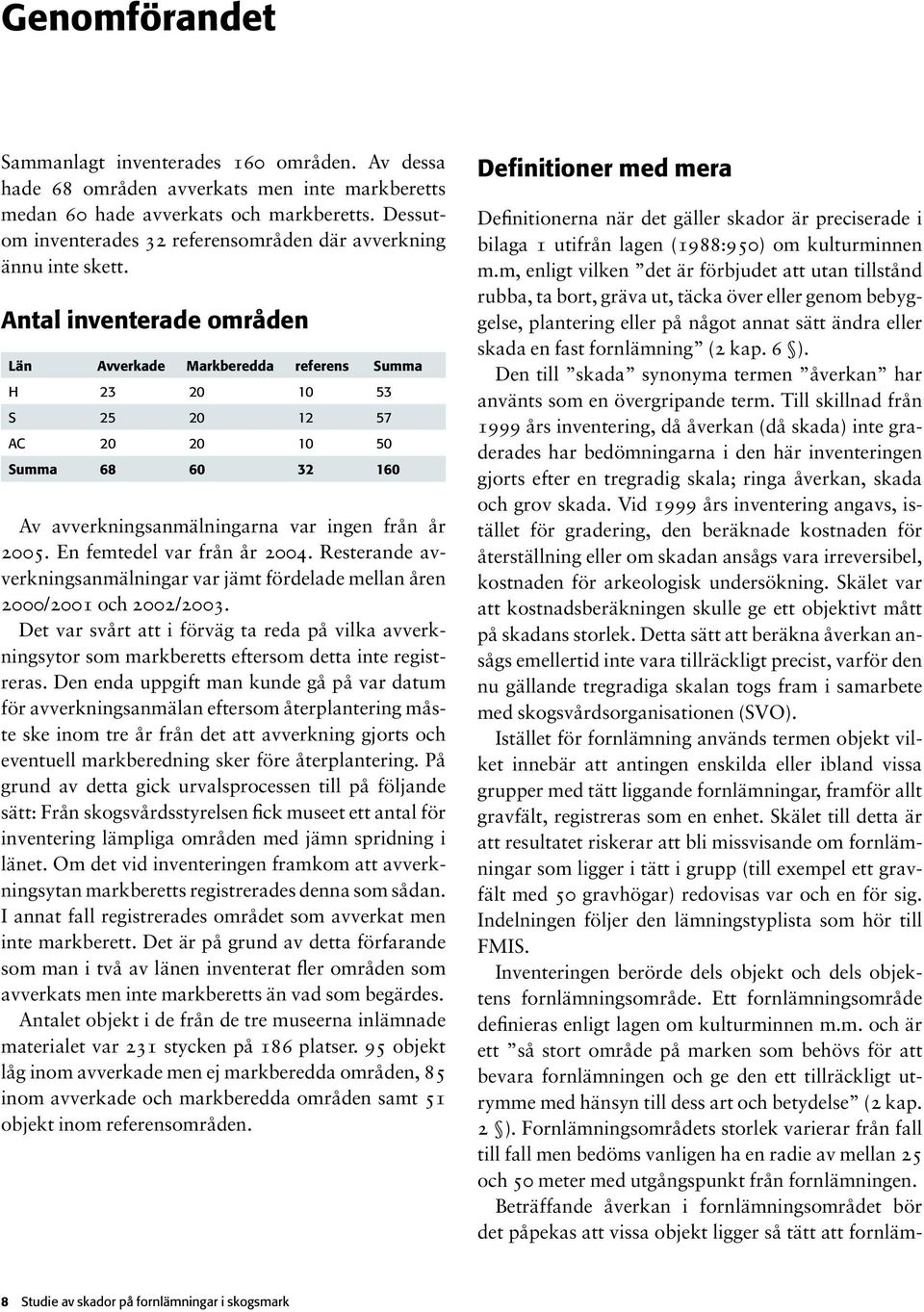 Antal inventerade områden Län Avverkade Markberedda referens Summa H 23 20 10 53 S 25 20 12 57 AC 20 20 10 50 Summa 68 60 32 160 Av avverkningsanmälningarna var ingen från år.