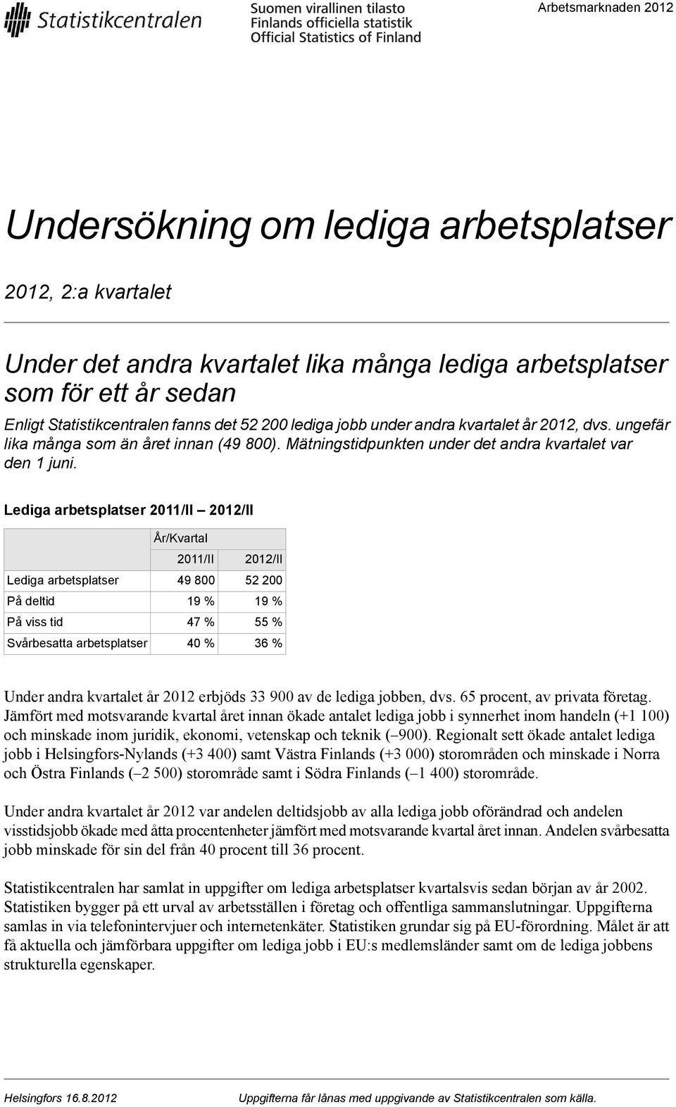 Lediga arbetsplatser Lediga arbetsplatser På deltid På viss tid Svårbesatta arbetsplatser 19 % 47 % 40 % 2 19 % % 36 % Under andra kvartalet år 2012 erbjöds 33 900 av de lediga jobben, dvs.