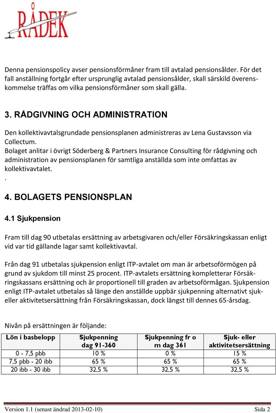 RÅDGIVNING OCH ADMINISTRATION Den kollektivavtalsgrundade pensionsplanen administreras av Lena Gustavsson via Collectum.