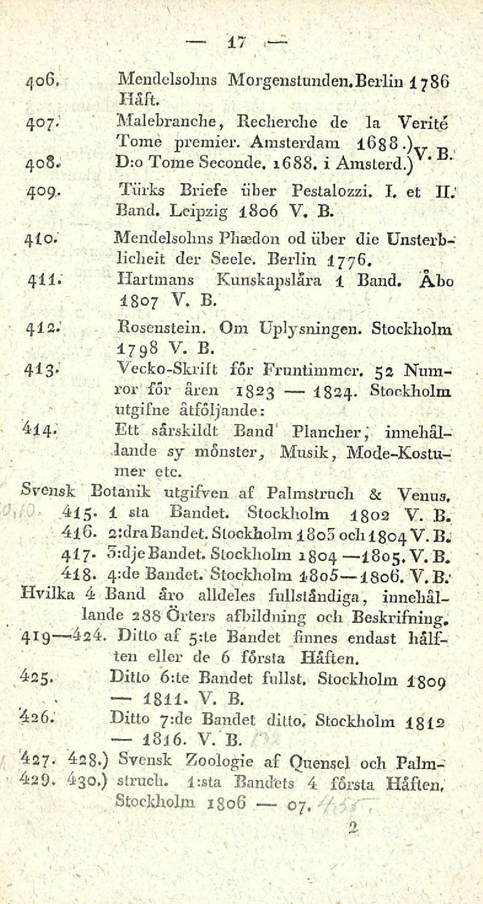 Rosenstein. O m Uplysningen. Stockholm 1798 V. B. 4I3. Vecfco-Skrift for Pruntimmcr. 52 Numror for åren 1823 I834. Stockholm utgifne ätfoljande: 4* Ett särskildt Band Plancher, innehäl-.