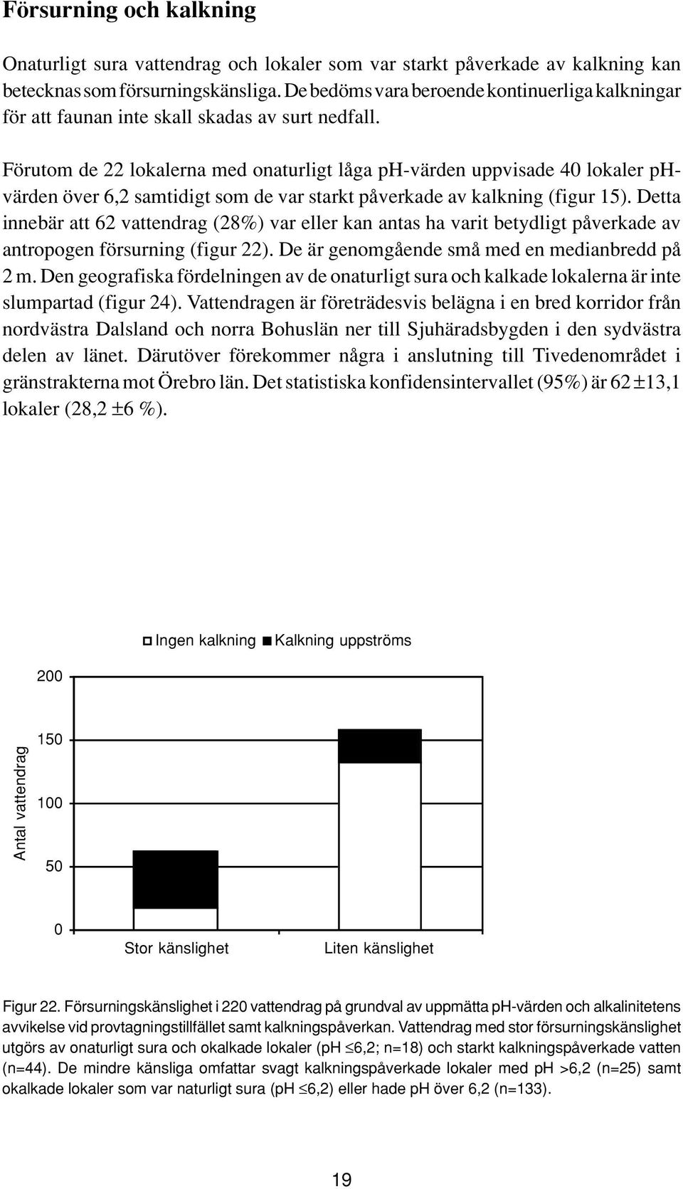 Förutom de 22 lokalerna med onaturligt låga ph-värden uppvisade 40 lokaler phvärden över 6,2 samtidigt som de var starkt påverkade av kalkning (figur 15).