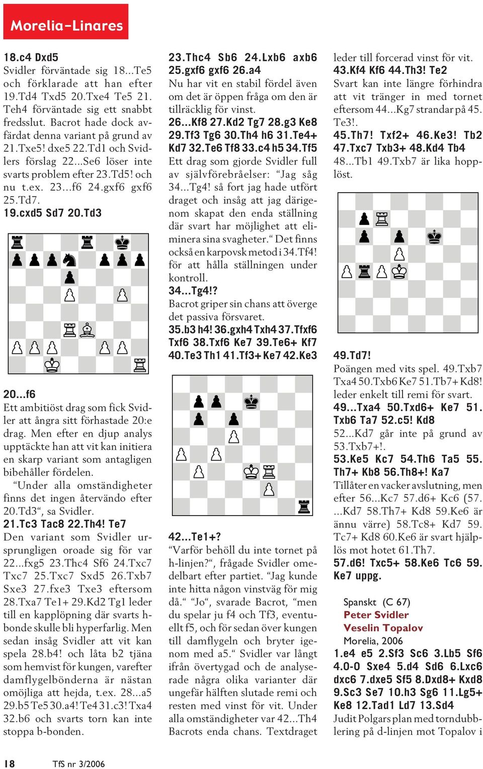 Td3 20...f6 Ett ambitiöst drag som fick Svidler att ångra sitt förhastade 20:e drag. Men efter en djup analys upptäckte han att vit kan initiera en skarp variant som antagligen bibehåller fördelen.