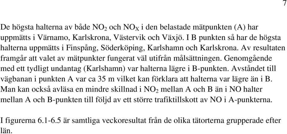 Genomgående med ett tydligt undantag (Karlshamn) var halterna lägre i -punkten. vståndet till vägbanan i punkten var ca 35 m vilket kan förklara att halterna var lägre än i.