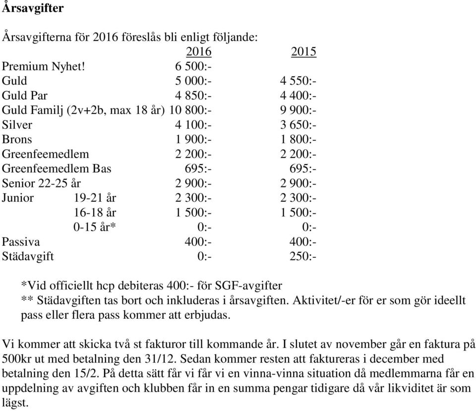 695:- 695:- Senior 22-25 år 2 900:- 2 900:- Junior 19-21 år 2 300:- 2 300:- 16-18 år 1 500:- 1 500:- 0-15 år* 0:- 0:- Passiva 400:- 400:- Städavgift 0:- 250:- *Vid officiellt hcp debiteras 400:- för