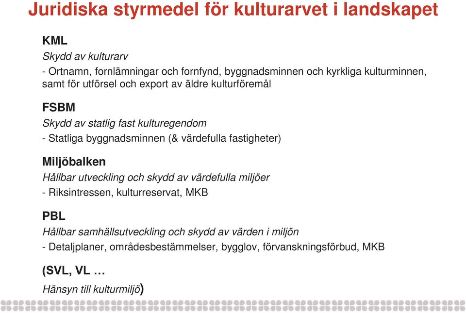värdefulla fastigheter) Miljöbalken Hållbar utveckling och skydd av värdefulla miljöer - Riksintressen, kulturreservat, MKB PBL Hållbar