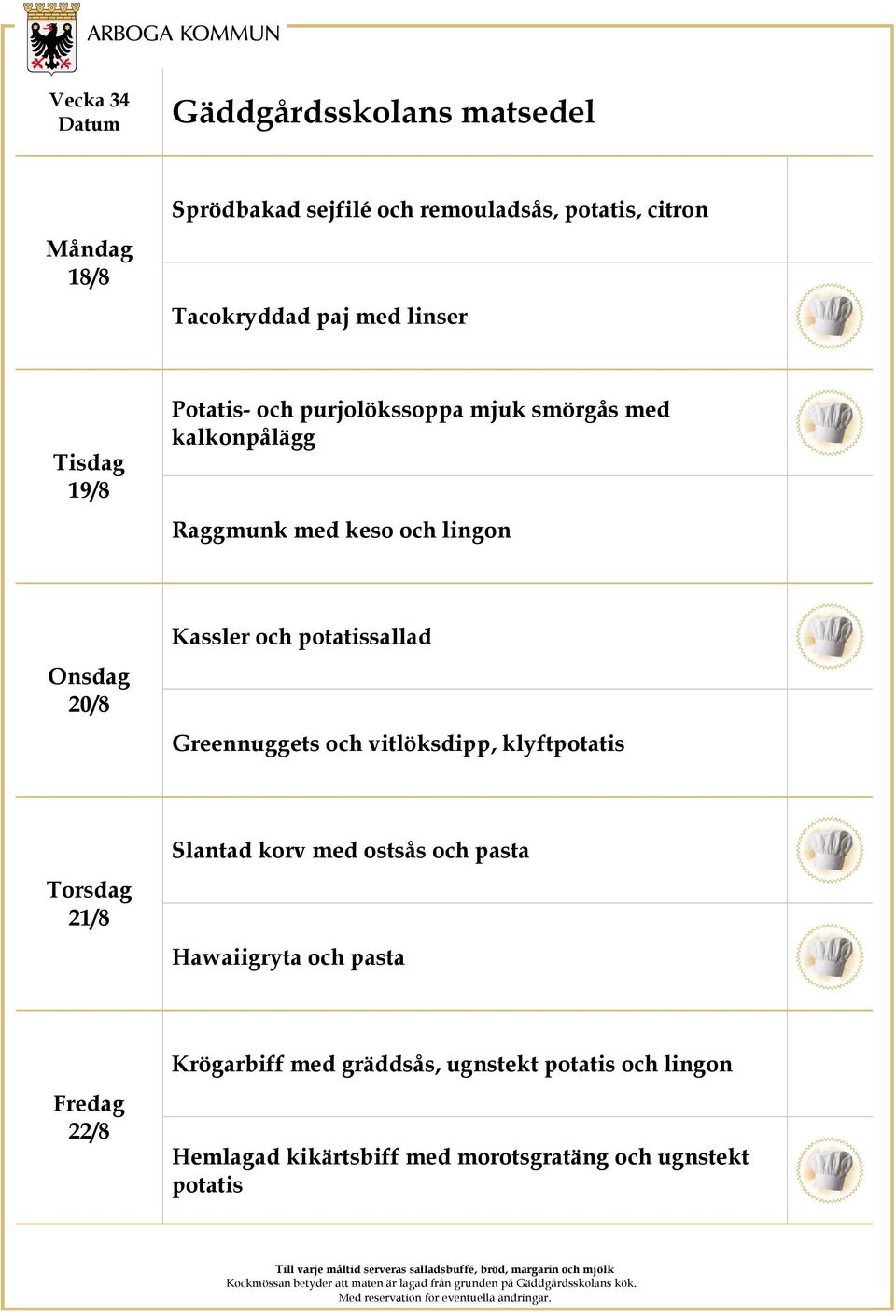 Greennuggets och vitlöksdipp, klyftpotatis 21/8 Slantad korv med ostsås och pasta Hawaiigryta och pasta 22/8