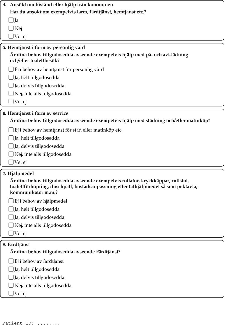 Ej i behov av hemtjänst för personlig vård, helt tillgodosedda, delvis tillgodosedda, inte alls tillgodosedda 6.