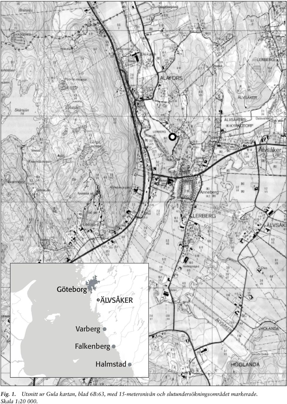 och slutundersökningsområdet markerade. Skala 1:20 000.
