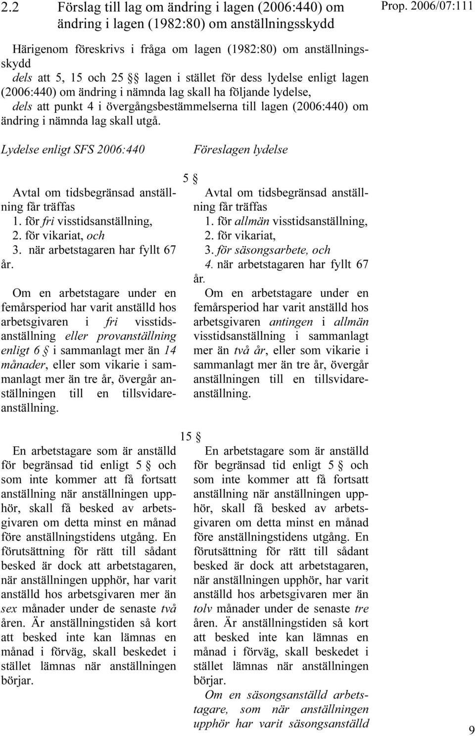 Lydelse enligt SFS 2006:440 Avtal om tidsbegränsad anställning får träffas 1. för fri visstidsanställning, 2. för vikariat, och 3. när arbetstagaren har fyllt 67 år.