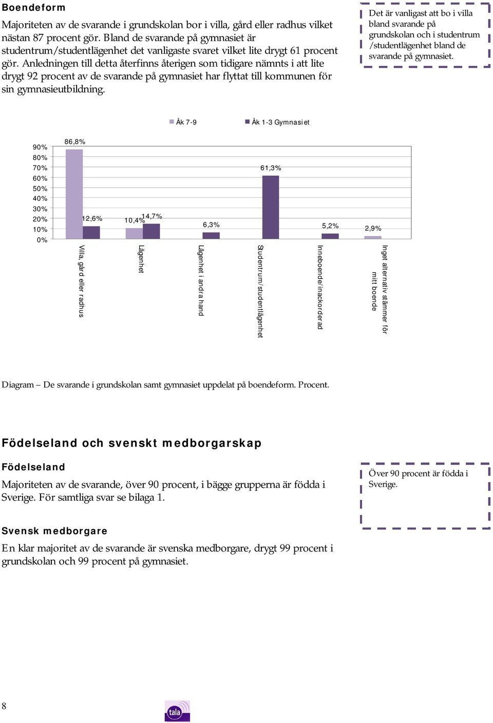 Anledningen till detta återfinns återigen som tidigare nämnts i att lite drygt 92 procent av de svarande på gymnasiet har flyttat till kommunen för sin gymnasieutbildning.