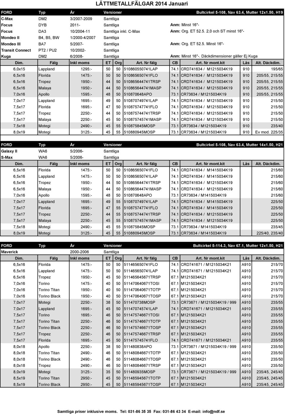 Däckdimensioner gäller Ej Kuga 6,0x15 Lappland 1295:- 50 50 510860550741LAP 74.1 CRD741634 / M1215034K19 910 195/65 6,5x16 Florida 1475:- 50 50 510865650741FLO 74.