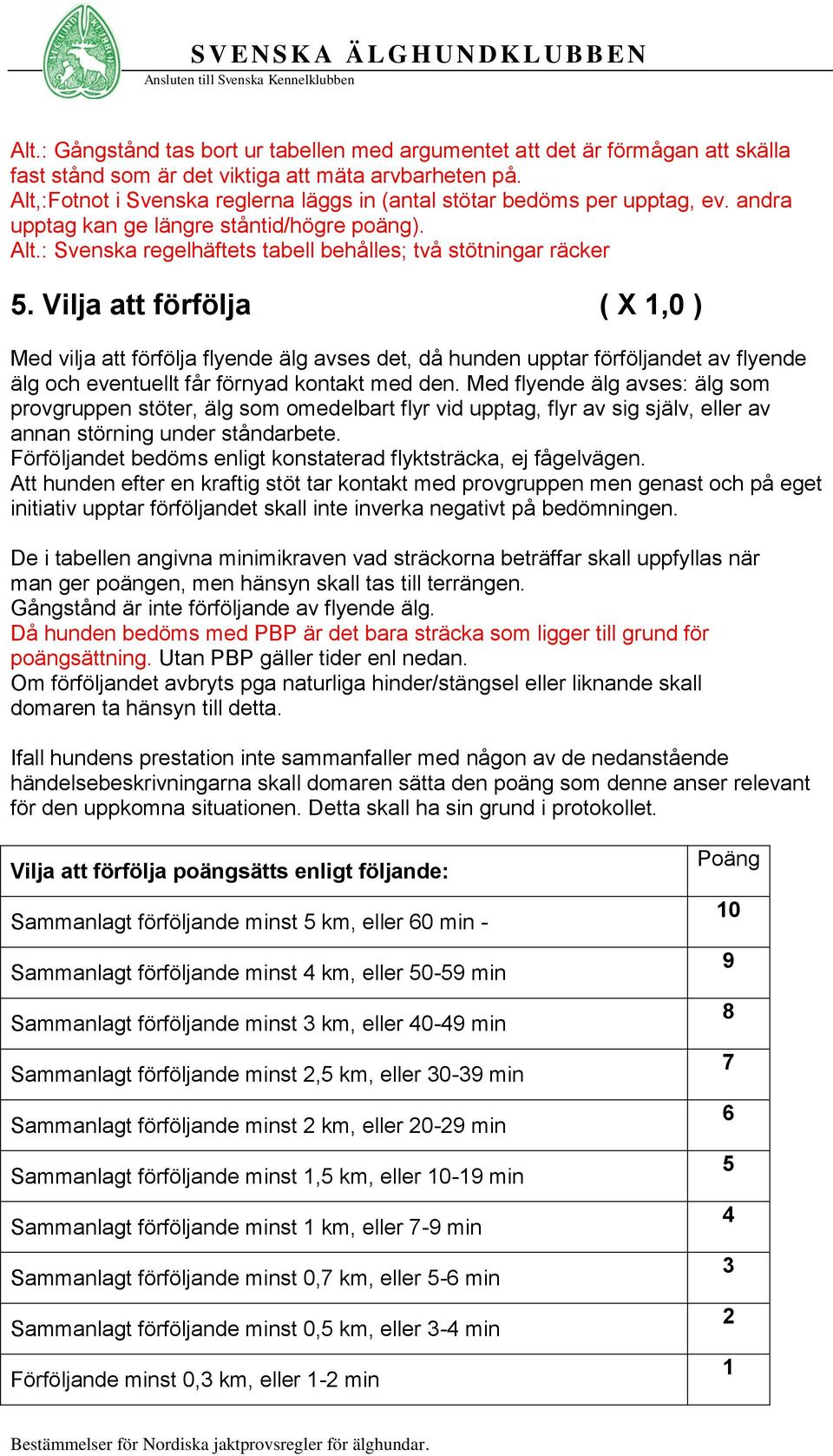 Vilja att förfölja ( X 1,0 ) Med vilja att förfölja flyende älg avses det, då hunden upptar förföljandet av flyende älg och eventuellt får förnyad kontakt med den.