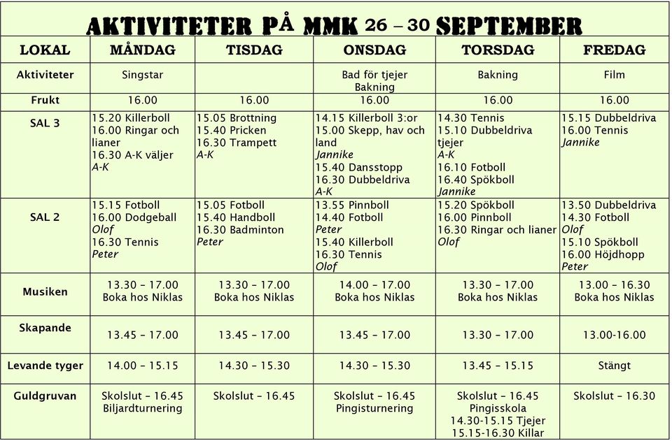 40 Handboll 16.30 Badminton Peter 13.30 17.00 14.15 Killerboll 3:or 15.00 Skepp, hav och land Jannike 15.40 Dansstopp 16.30 Dubbeldriva A-K 13.55 Pinnboll 14.40 Fotboll Peter 15.40 Killerboll 16.