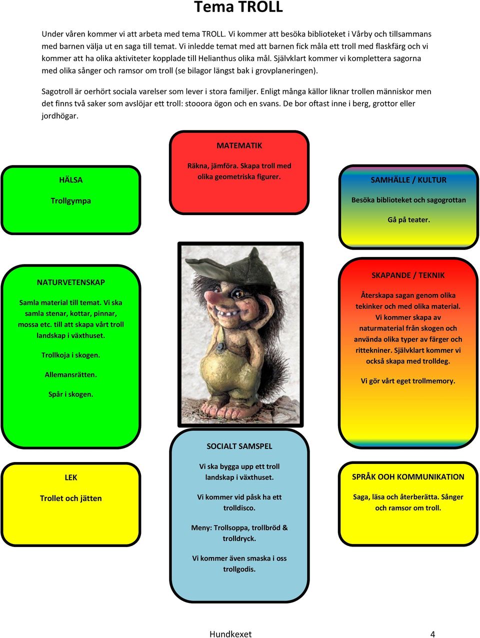 Självklart kommer vi komplettera sagorna med olika sånger och ramsor om troll (se bilagor längst bak i grovplaneringen). Sagotroll är oerhört sociala varelser som lever i stora familjer.