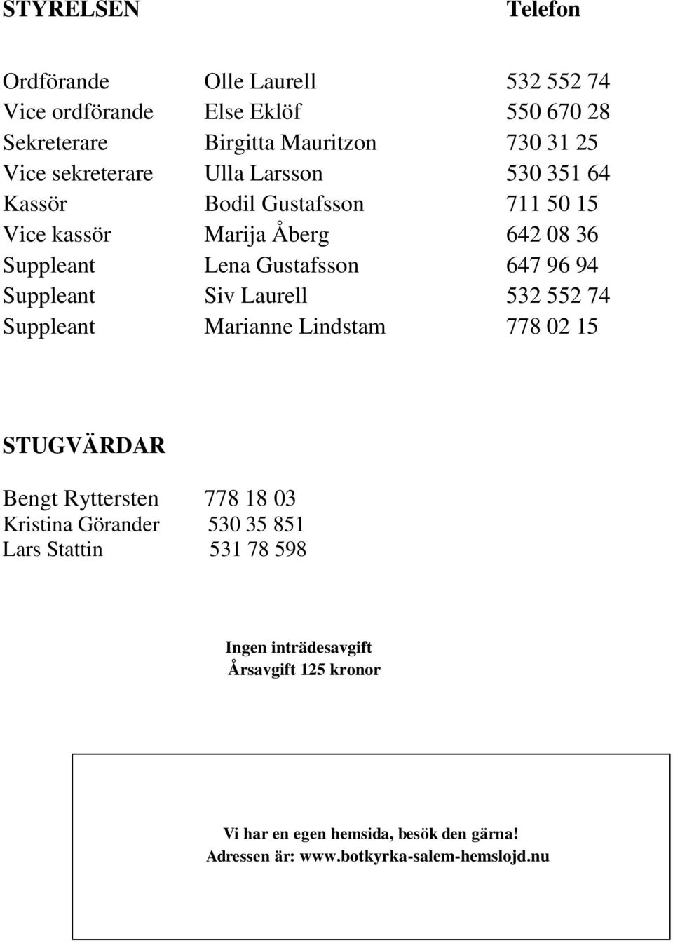 Suppleant Siv Laurell 532 552 74 Suppleant Marianne Lindstam 778 02 15 STUGVÄRDAR Bengt Ryttersten 778 18 03 Kristina Görander 530 35 851