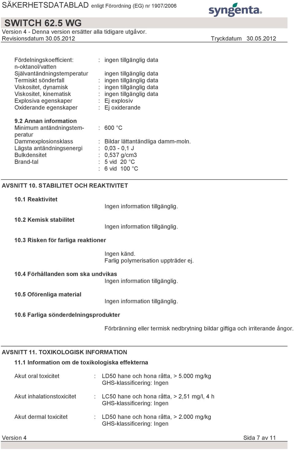 2 Annan information Minimum antändningstemperatur Dammexplosionsklass Lägsta antändningsenergi : 600 C Bulkdensitet Brand-tal : 5 vid 20 C : 6 vid 100 C : Bildar lättantändliga damm-moln.