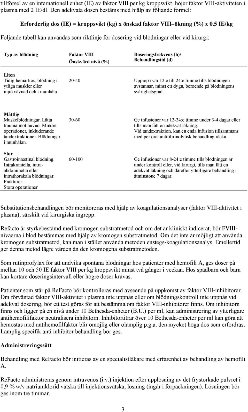 5 IE/kg Följande tabell kan användas som riktlinje för dosering vid blödningar eller vid kirurgi: Typ av blödning Faktor VIII Önskvärd nivå (%) Doseringsfrekvens (h)/ Behandlingstid (d) Liten Tidig