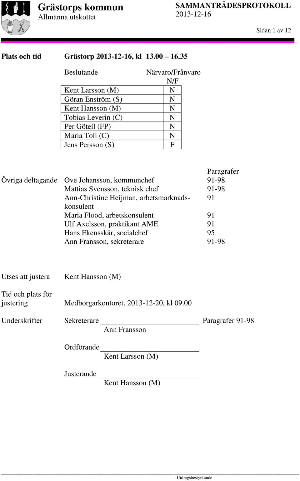 deltagande Ove Johansson, kommunchef Mattias Svensson, teknisk chef Ann-Christine Heijman, arbetsmarknadskonsulent Maria Flood, arbetskonsulent Ulf Axelsson, praktikant AME