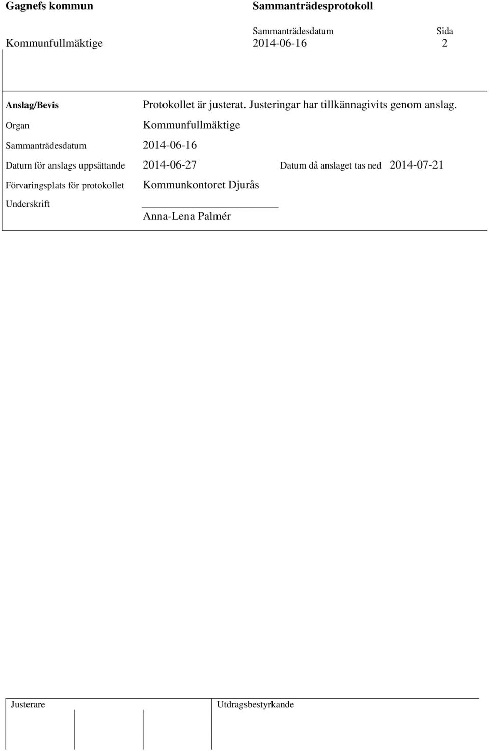 Kommunfullmäktige 2014-06-16 Datum för anslags uppsättande 2014-06-27 Datum
