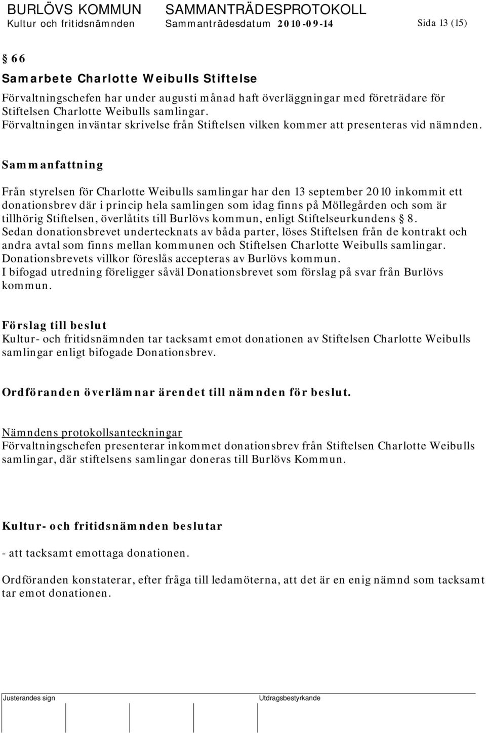 Från styrelsen för Charlotte Weibulls samlingar har den 13 september 2010 inkommit ett donationsbrev där i princip hela samlingen som idag finns på Möllegården och som är tillhörig Stiftelsen,