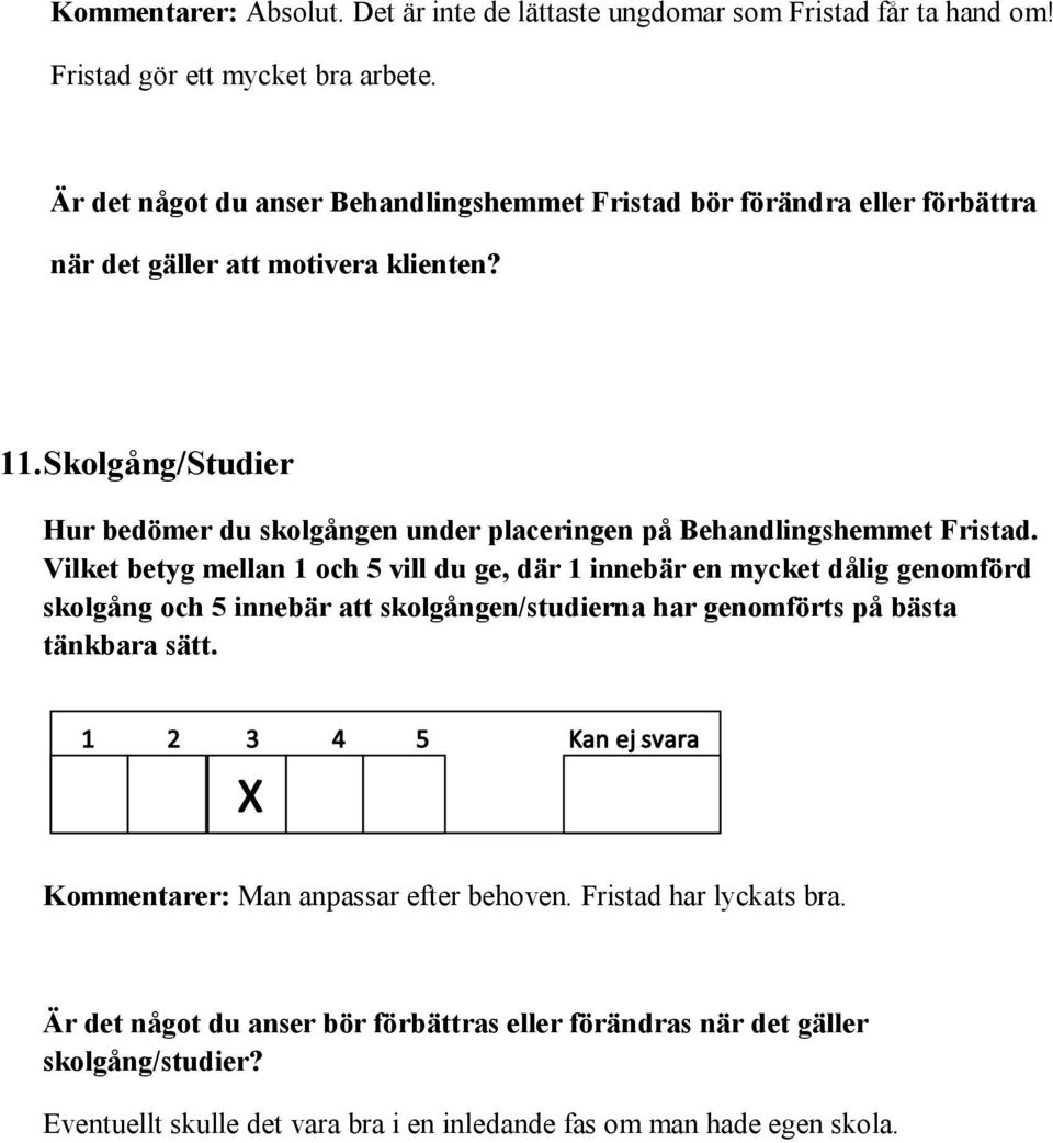 Skolgång/Studier Hur bedömer du skolgången under placeringen på Behandlingshemmet Fristad.