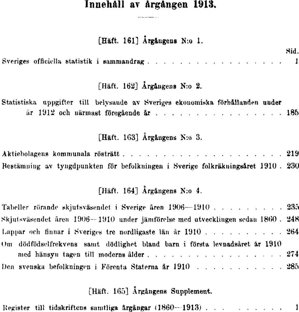 Aktiebolagens kommunala rösträtt 219 Bestämning av tyngdpunkten för befolkningen i Sverige folkräkningsåret 1910. 230 [Häft. 164] Årgångens N:o 4.
