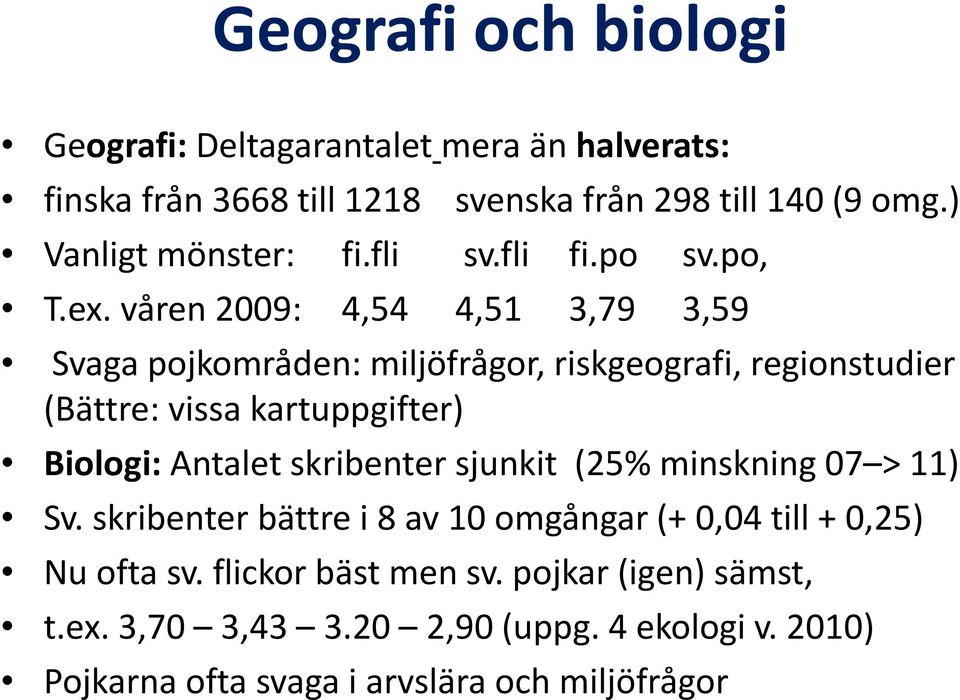 våren 2009: 4,54 4,51 3,79 3,59 Svaga pojkområden: miljöfrågor, riskgeografi, regionstudier (Bättre: vissa kartuppgifter) Biologi: i Antalet