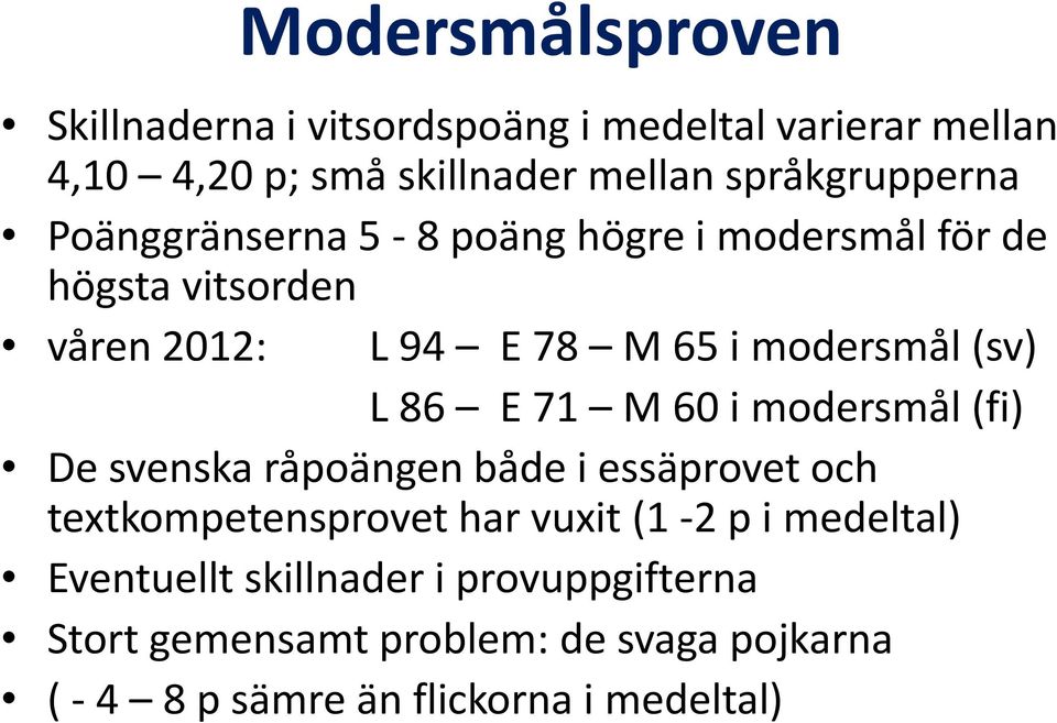 modersmål (sv) L 86 E 71 M 60 i modersmål (fi) De svenska råpoängen både i essäprovet och textkompetensprovet har vuxit