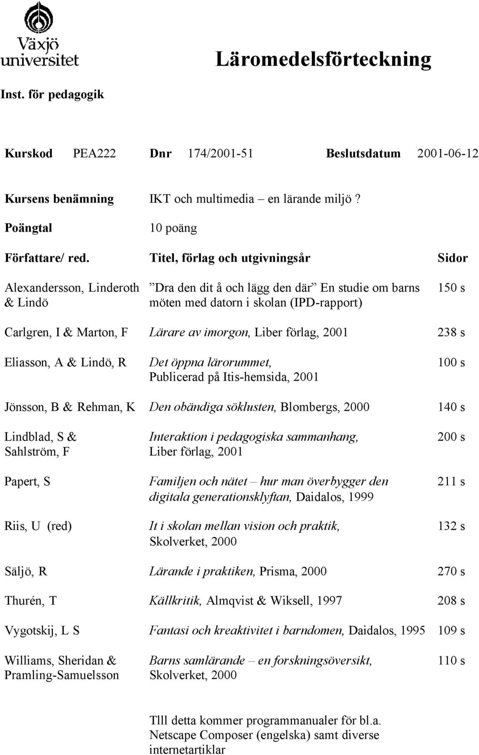 imorgon, Liber förlag, 2001 238 s Eliasson, A & Lindö, R Det öppna lärorummet, Publicerad på Itis-hemsida, 2001 100 s Jönsson, B & Rehman, K Den obändiga söklusten, Blombergs, 2000 140 s Lindblad, S