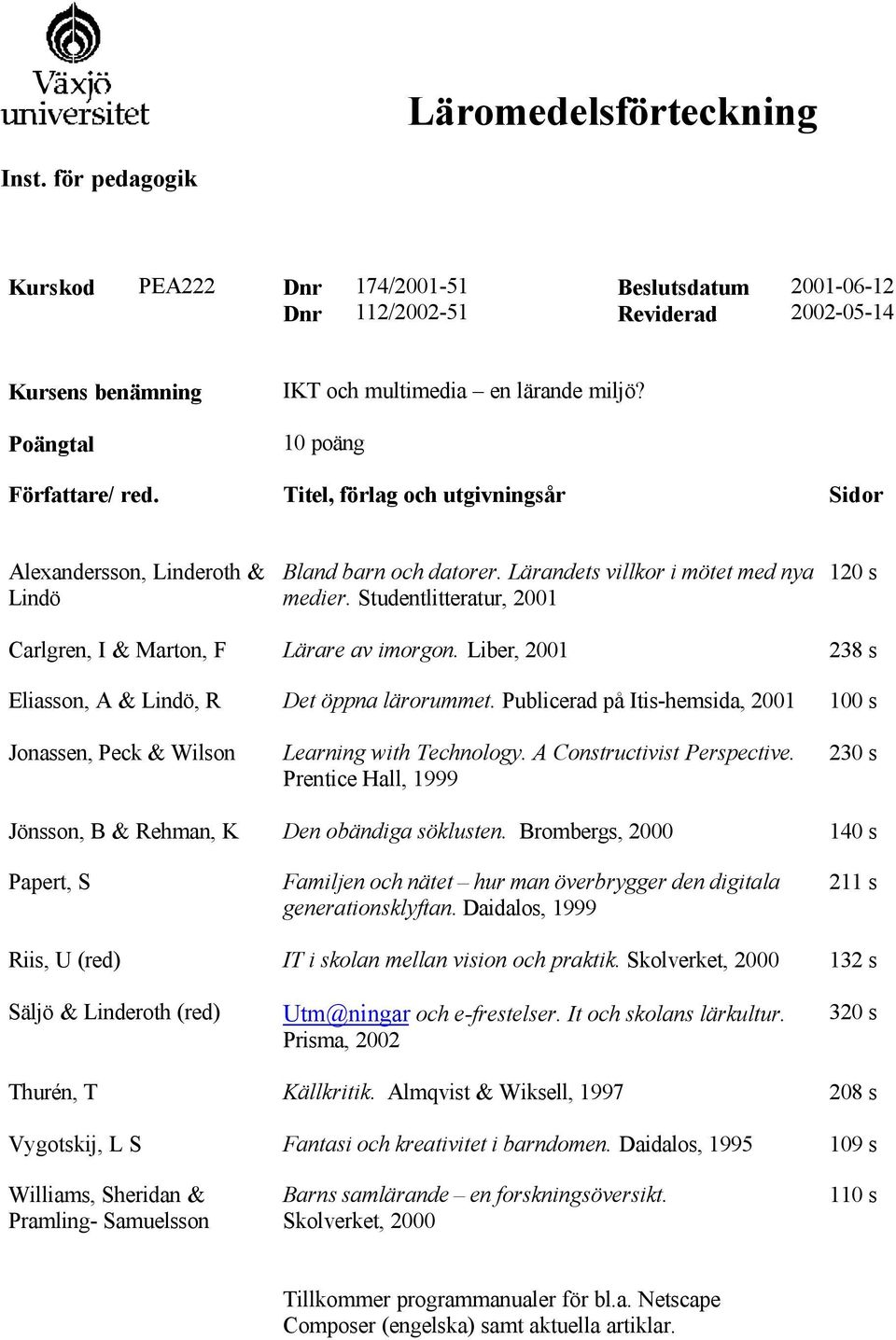 Studentlitteratur, 2001 120 s Carlgren, I & Marton, F Lärare av imorgon. Liber, 2001 238 s Eliasson, A & Lindö, R Det öppna lärorummet.