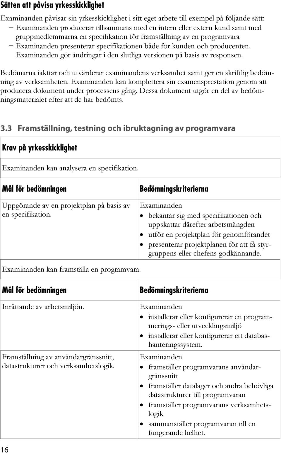 Bedömarna iakttar och utvärderar examinandens verksamhet samt ger en skriftlig bedömning av verksamheten. kan komplettera sin examensprestation genom att producera dokument under processens gång.