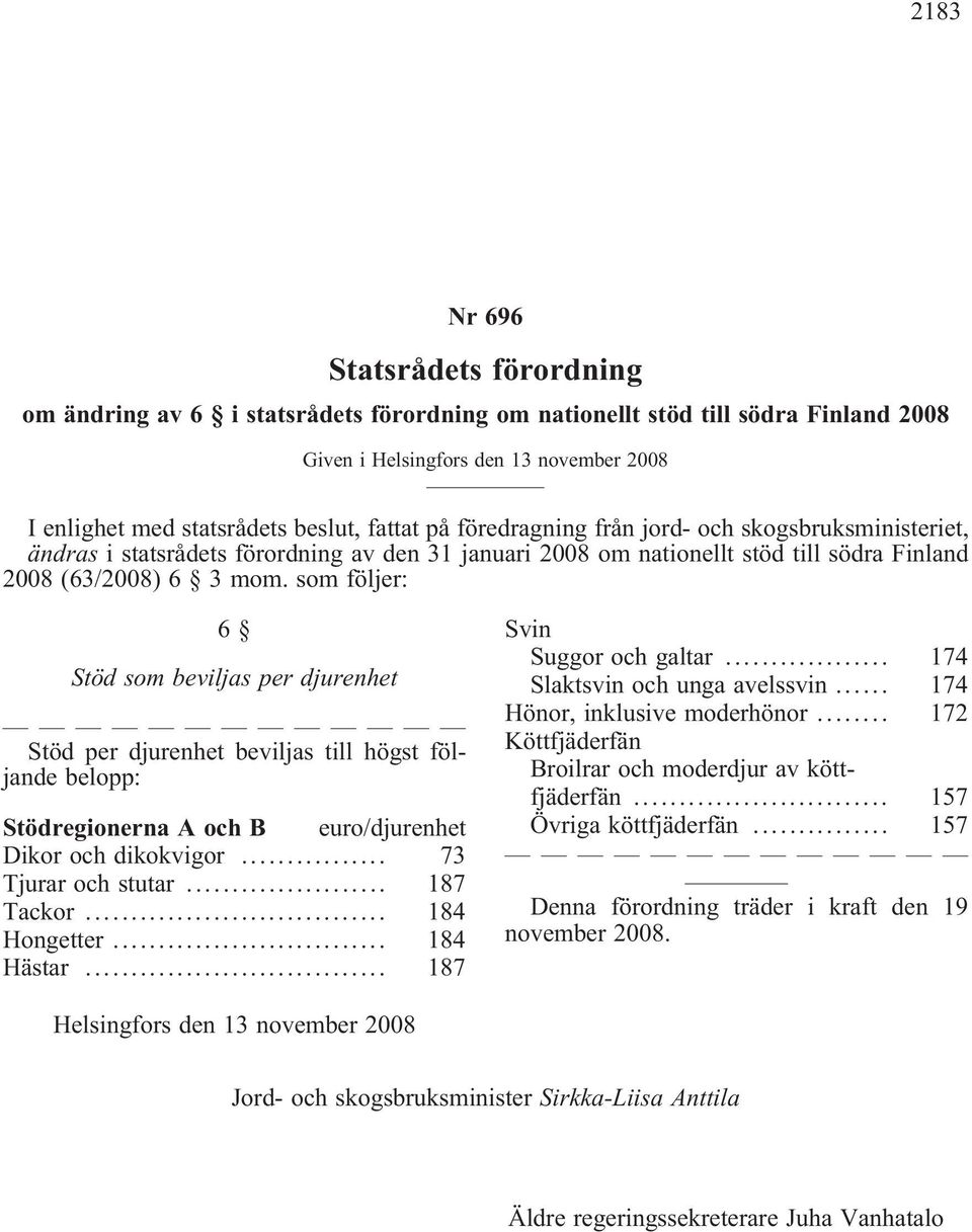 som följer: 6 Stöd som beviljas per djurenhet Stöd per djurenhet beviljas till högst följande belopp: Stödregionerna A och B euro/djurenhet Dikor och dikokvigor... 73 Tjurar och stutar... 187 Tackor.