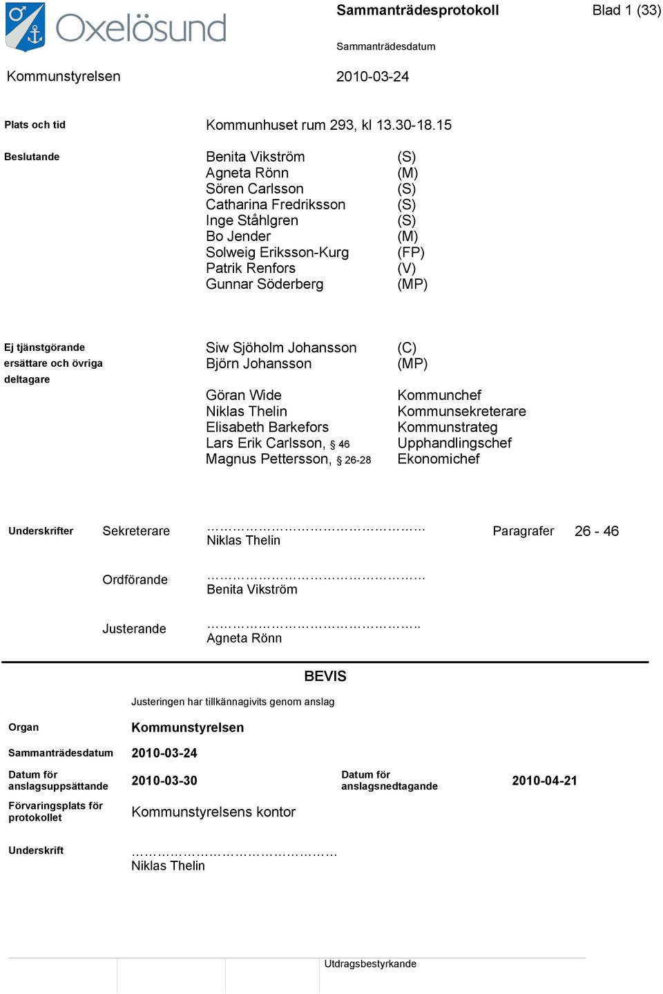 tjänstgörande Siw Sjöholm Johansson (C) ersättare och övriga Björn Johansson (MP) deltagare Göran Wide Niklas Thelin Elisabeth Barkefors Lars Erik Carlsson, 46 Magnus Pettersson, 26-28 Kommunchef