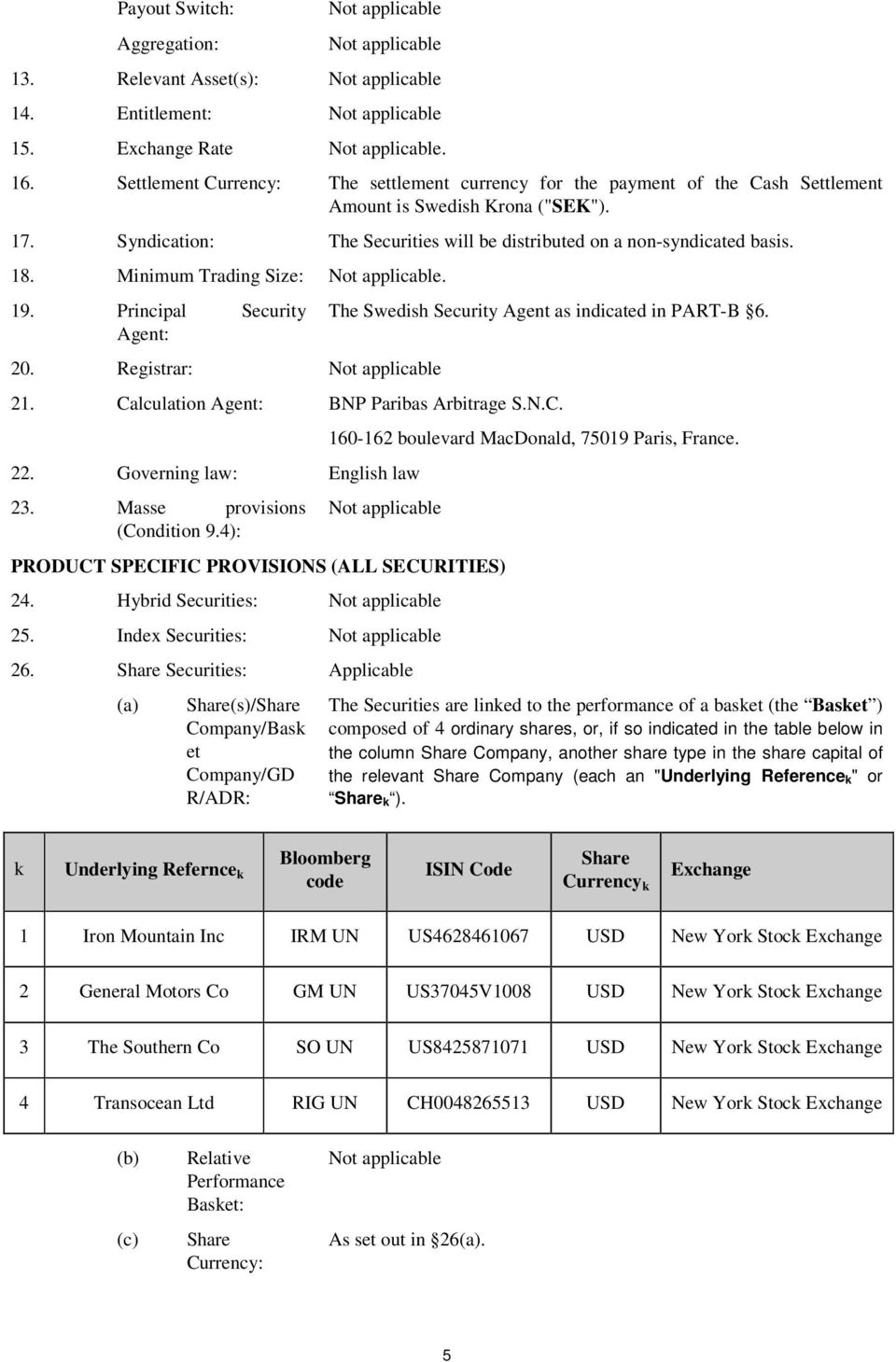 Minimum Trading Size:. 19. Principal Security Agent: 20. Registrar: The Swedish Security Agent as indicated in PART-B 6. 21. Calculation Agent: BNP Paribas Arbitrage S.N.C. 22.