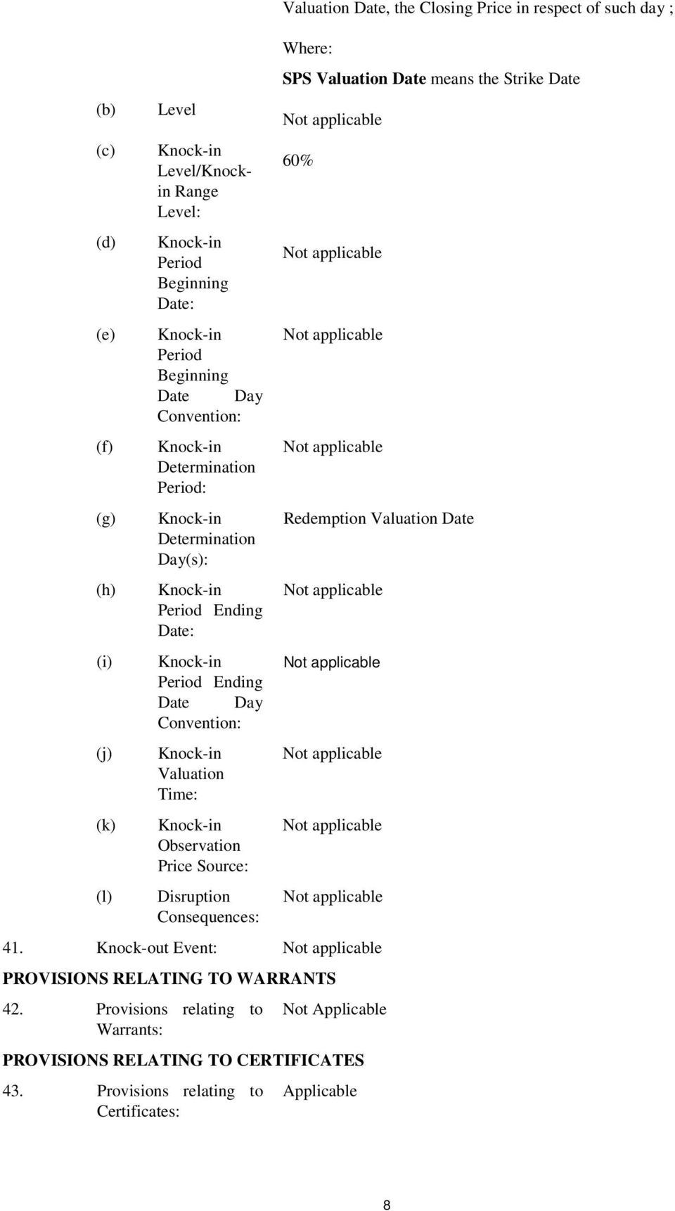 Source: Disruption Consequences: Valuation Date, the Closing Price in respect of such day ; Where: SPS Valuation Date means the Strike Date 60% Redemption Valuation Date 41.