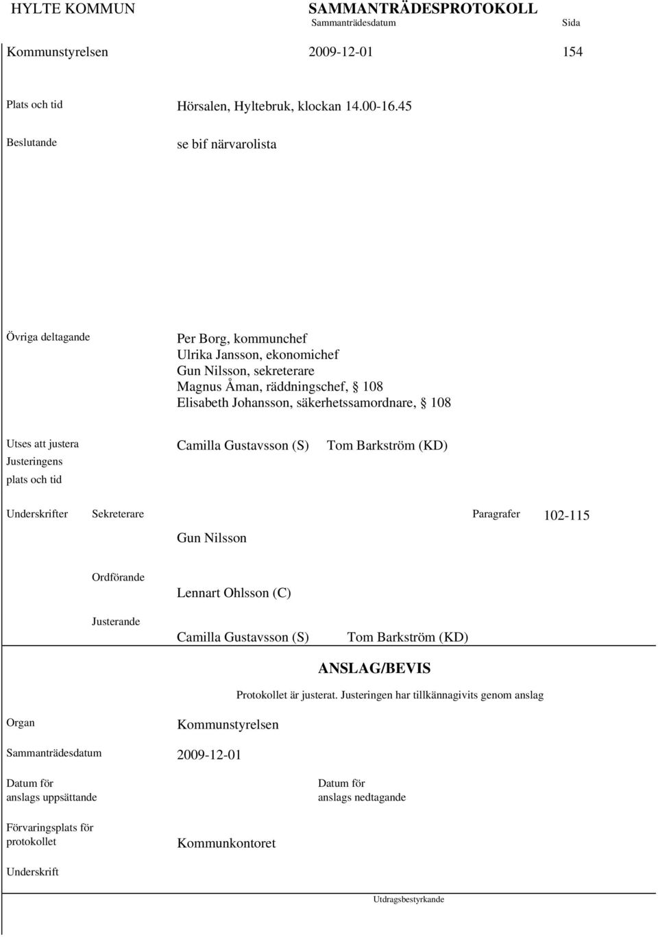 säkerhetssamordnare, 108 Utses att justera Camilla Gustavsson (S) Tom Barkström (KD) Justeringens plats och tid Underskrifter Sekreterare Paragrafer 102-115 Gun Nilsson Ordförande