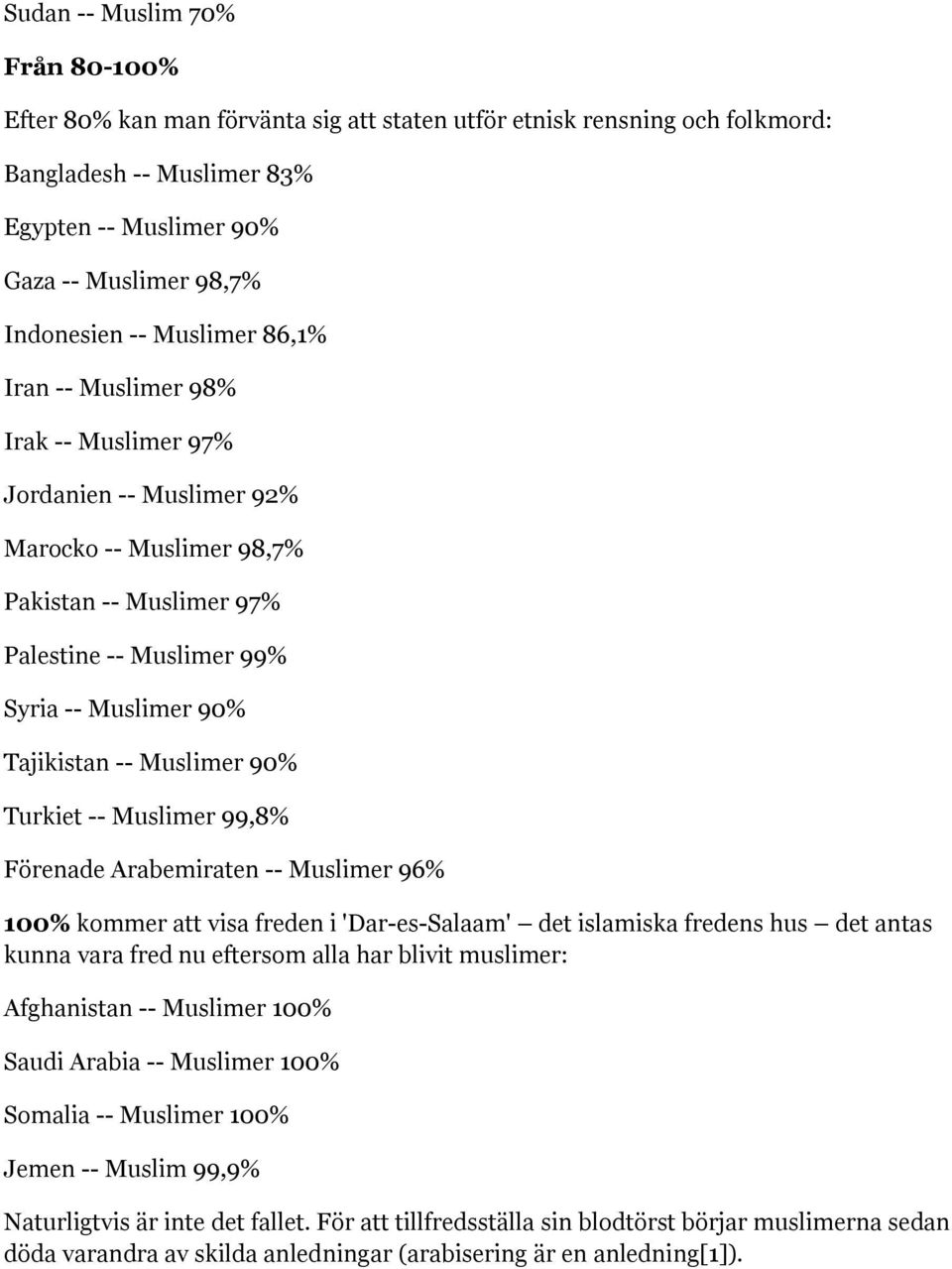 Muslimer 90% Turkiet -- Muslimer 99,8% Förenade Arabemiraten -- Muslimer 96% 100% kommer att visa freden i 'Dar-es-Salaam' det islamiska fredens hus det antas kunna vara fred nu eftersom alla har